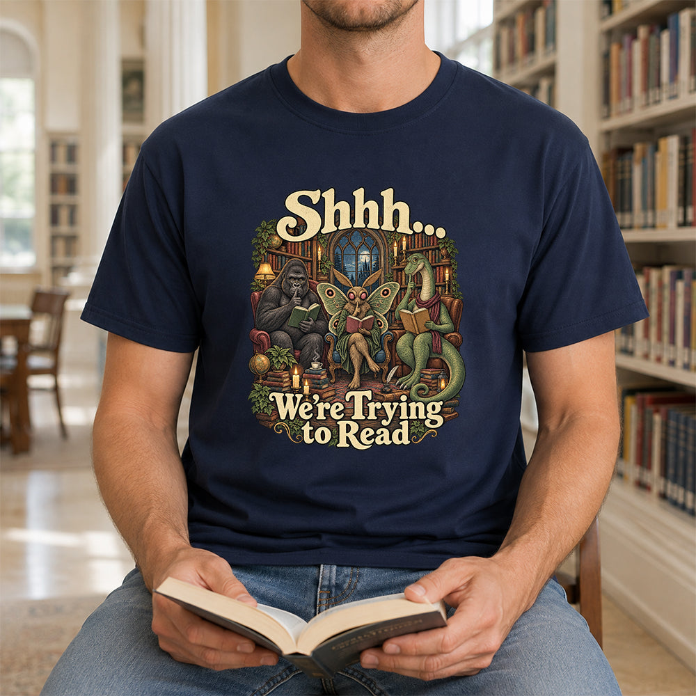 Shh... We Trying To Read Cotton T-Shirt | Midnight Reader Gift Navy
