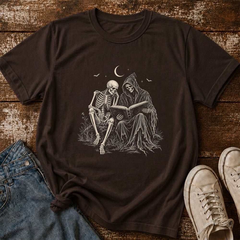 Halloween Reading Buddies Printed T-Shirt | Halloween Book Lover Gift Dark Chocolate