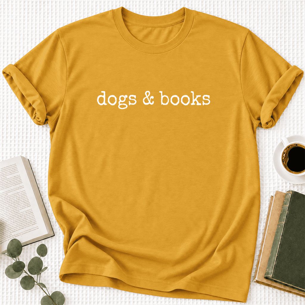 Dogs & Books Ultra-Soft Cotton T-Shirt | Dog Lover & Reader Gift Mustard