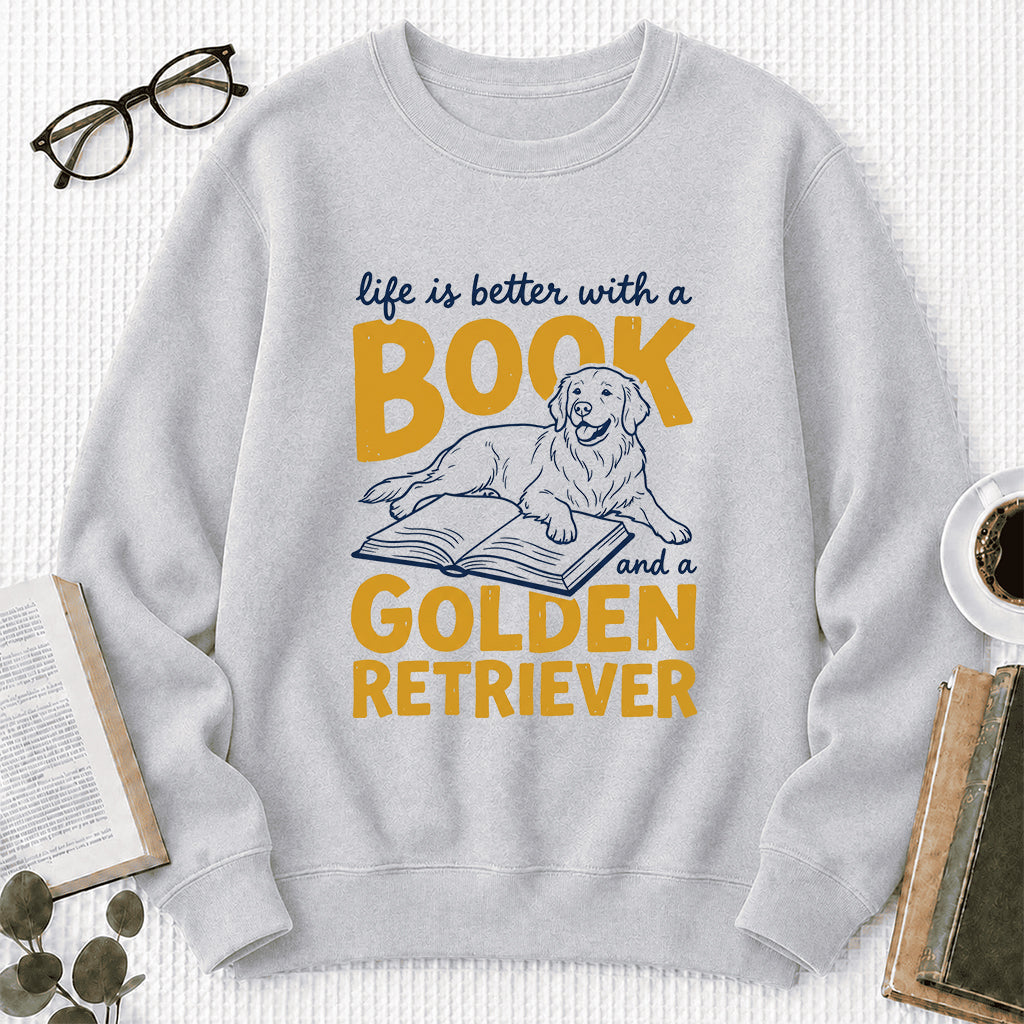 Life Is Better With A Book And A Golden Retriever Crewneck Sweatshirt | Reader Gift Sport Grey