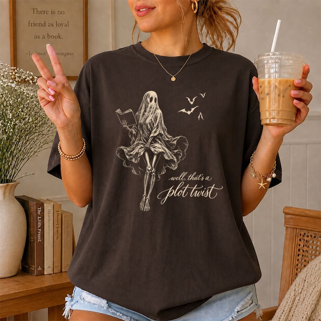 Funny Dress-Wearing Bookworm Ghost Printed T-Shirt | Halloween Book Lover Gift Dark Chocolate