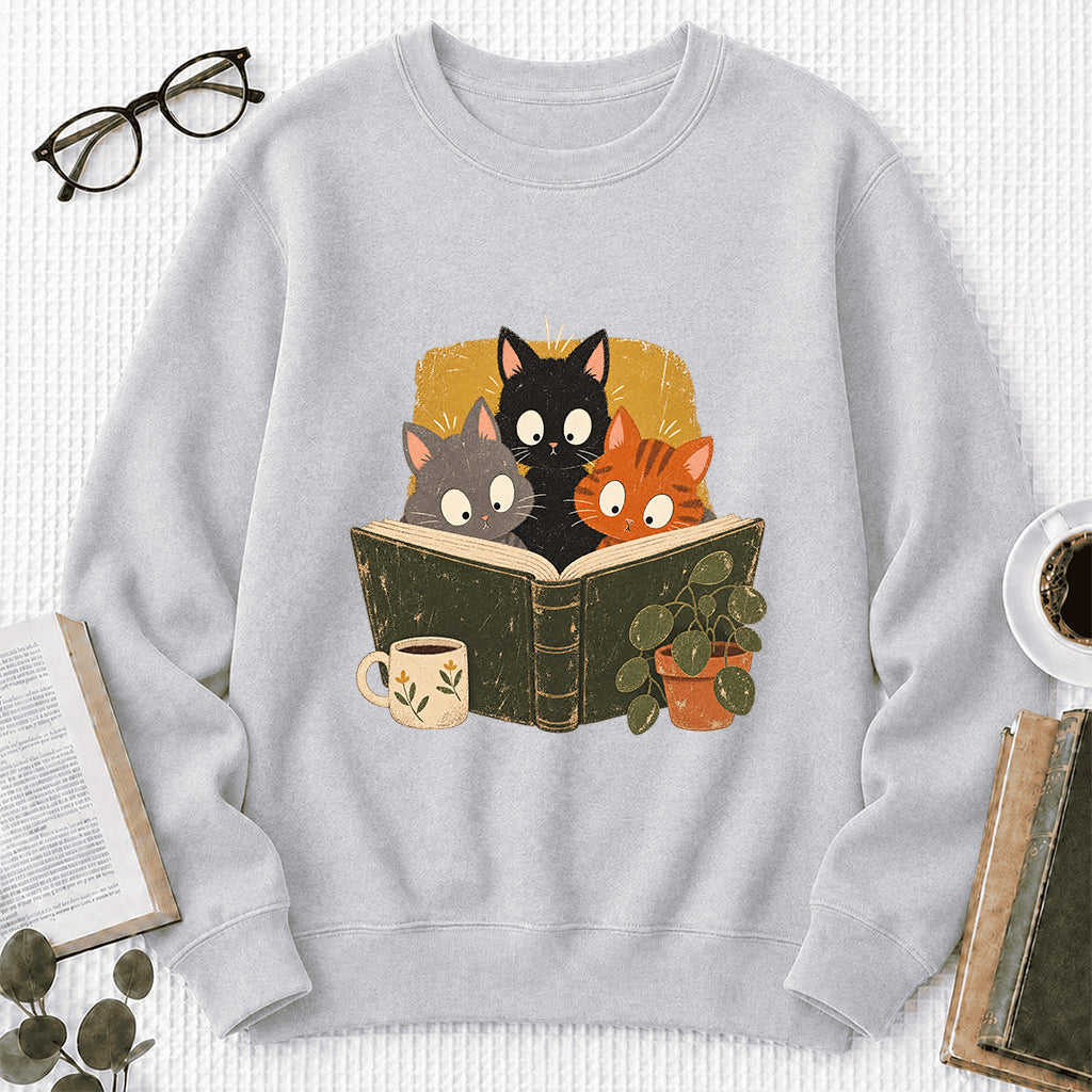 Minimal Japanese Cats Reading Crewneck Sweatshirt | Reader Gift Sport Grey