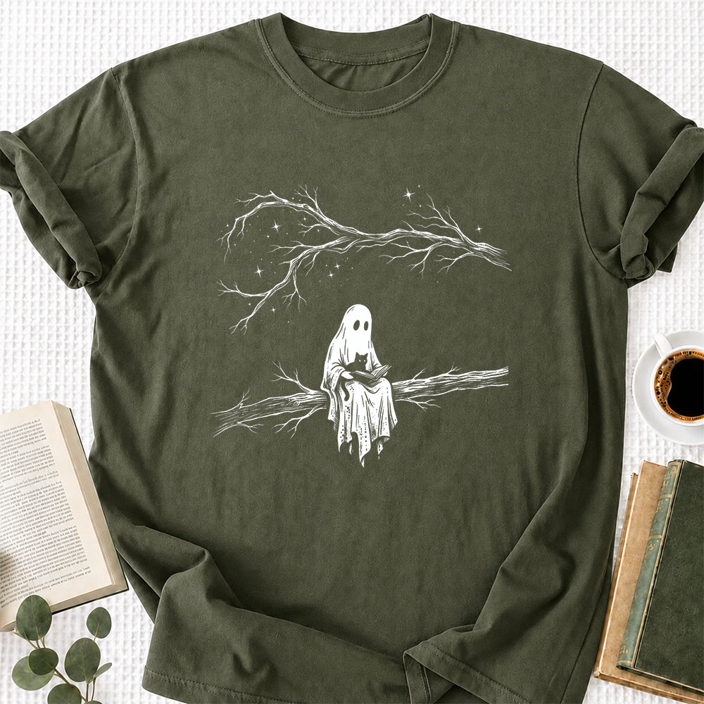 Reading Ghost With Black Cat Printed T-Shirt | Halloween Cat Lover Reader Gift Military Green