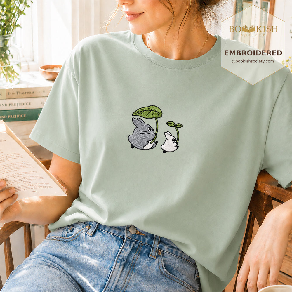 Embroidered Forest Spirits and Flowers Comfort Color® T-shirt Book Lover Gift Bay
