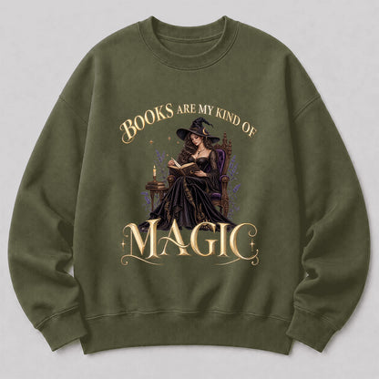 Books Are My Kind Of Magic Crewneck Sweatshirt | Halloween Literary Fantasy Book Lover Gift Military Green