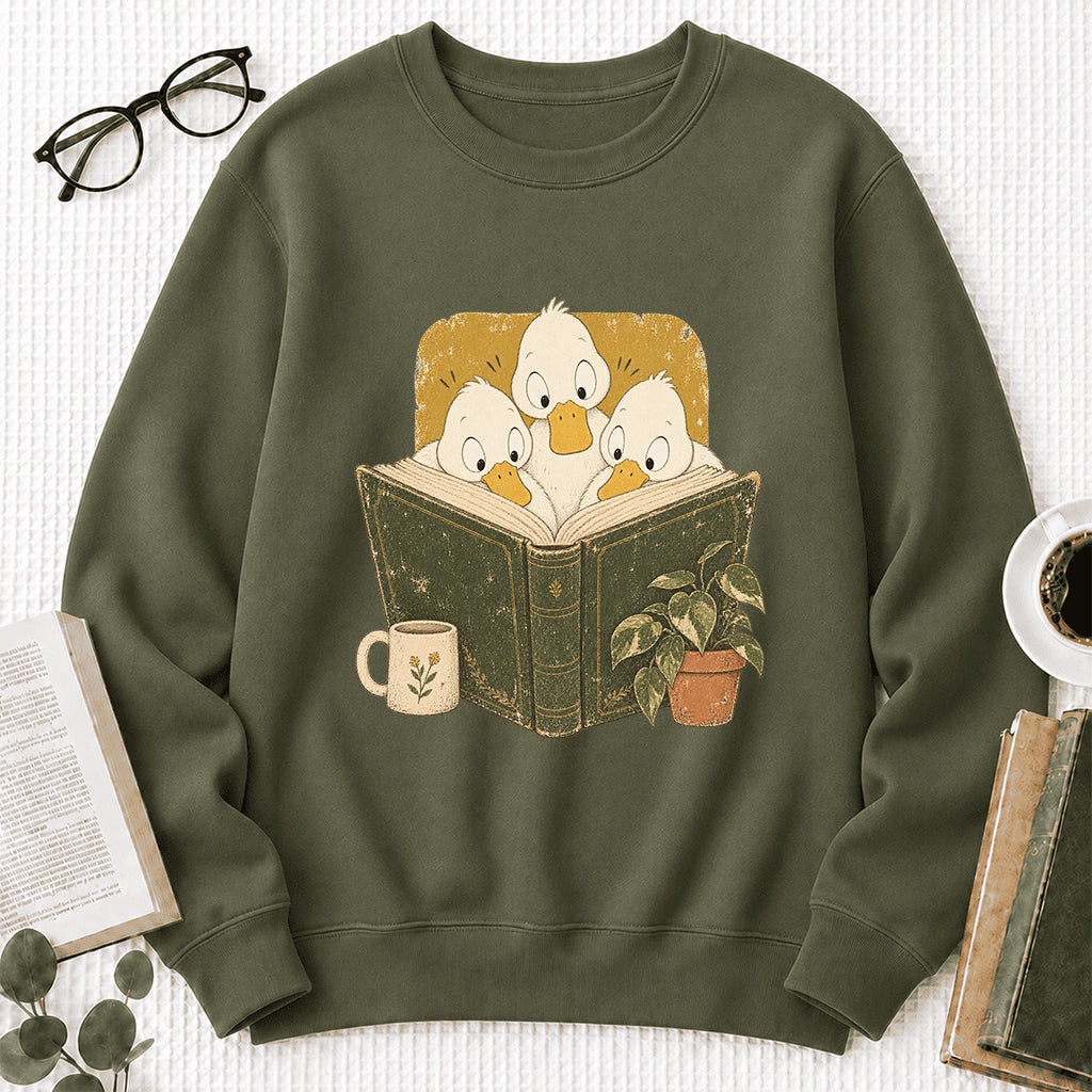 Minimal Japanese Ducks Reading Crewneck Sweatshirt | Reader Gift Military Green