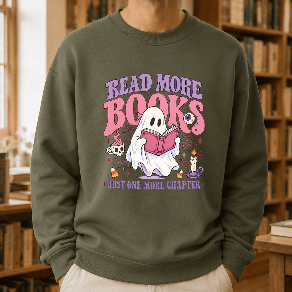 Read More Books Printed Sweatshirt | Halloween Book Lover Gift Military Green