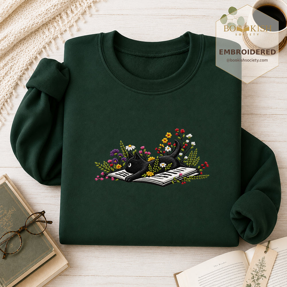 Cat and Book Embroidered Sweatshirt | Reader Gift Forest Green