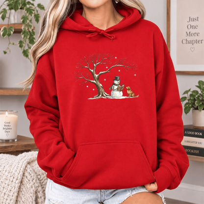 Golden Retriever And Snowman Under Tree Softstyle Hoodie | Christmas Reader Gift Red
