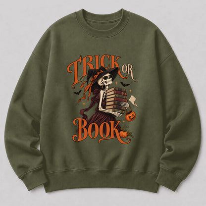 Trick Or Book Printed Sweatshirt | Halloween Book Lover Gift Military Green