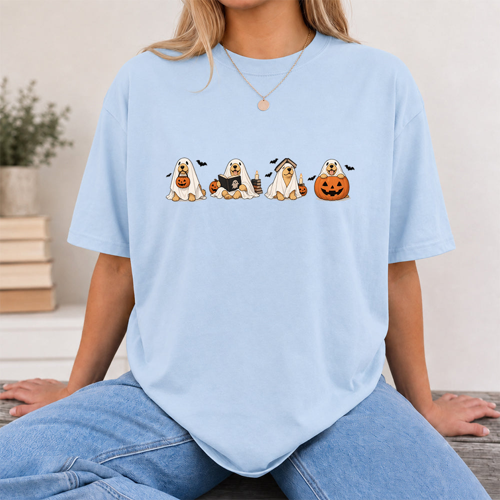 Spooky Golden Retrievers Book Club Printed T-Shirt | Halloween Book Lover Gift Light Blue