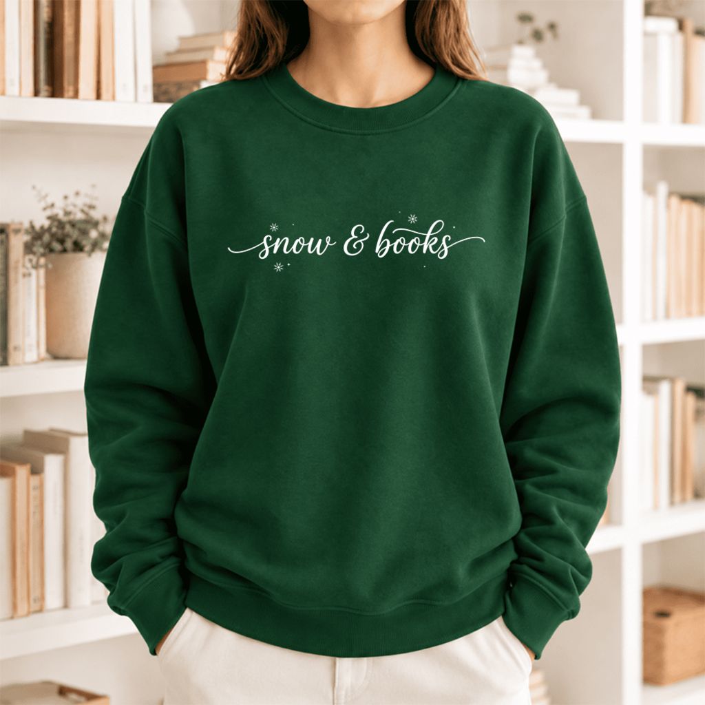 Snow & Books Softstyle Sweatshirt | Christmas Book Lover Gift Forest Green