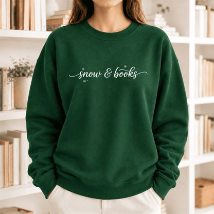 Snow & Books Softstyle Sweatshirt | Christmas Book Lover Gift Forest Green