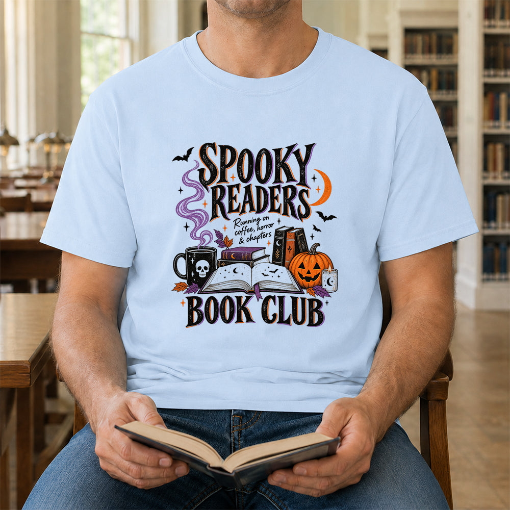 Spooky Readers Book Club Printed T-Shirt | Halloween Book Lover Gift Light Blue