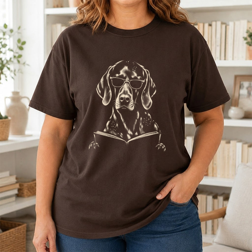 German Shorthaired Pointer Reading Book Softstyle T-Shirt | Book Lover Gift Dark Chocolate