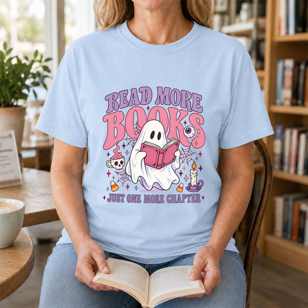 Read More Books Ghost Printed T-Shirt | Halloween Book Lover Gift Light Blue