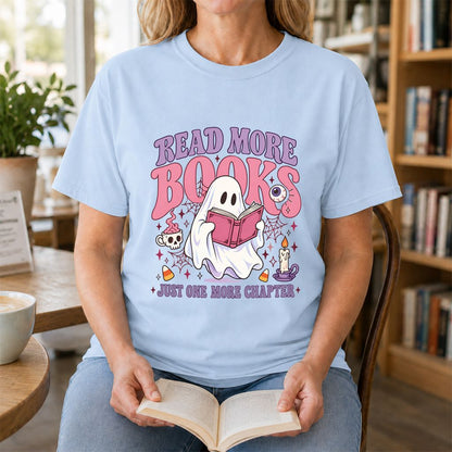 Read More Books Ghost Printed T-Shirt | Halloween Book Lover Gift Light Blue