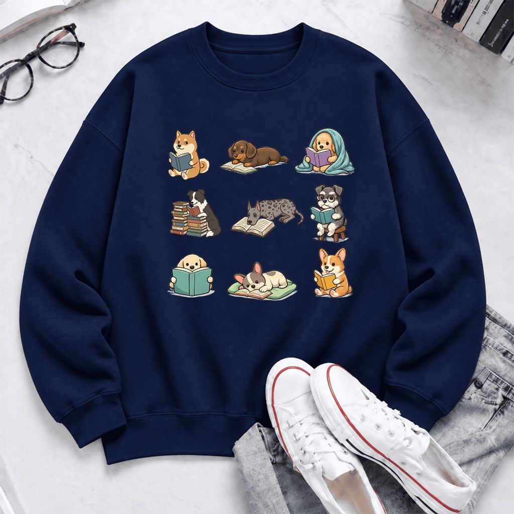 Funny Reading Dogs Embroidered Sweatshirt | Dog Mom Reader Gift Navy