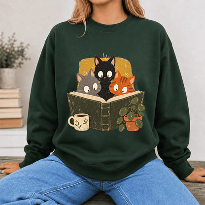 Minimal Japanese Cats Reading Crewneck Sweatshirt | Reader Gift Forest Green