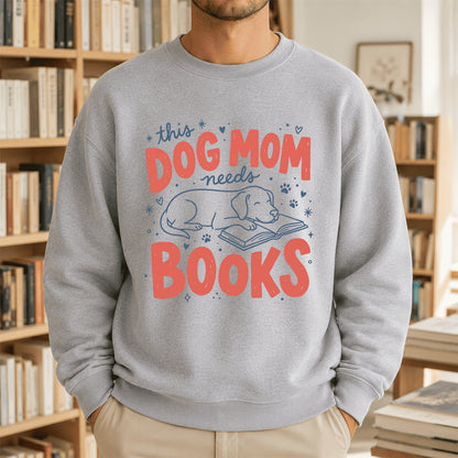 This Dog Mom Needs Books Crewneck Sweatshirt | Dog Lover & Reader Gift Sport Grey