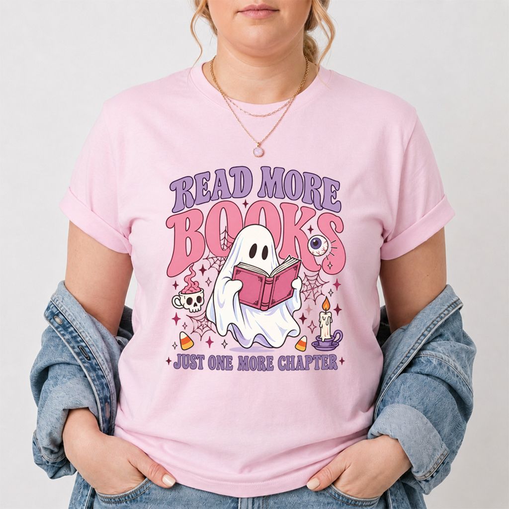 Read More Books Ghost Printed T-Shirt | Halloween Book Lover Gift Light Pink