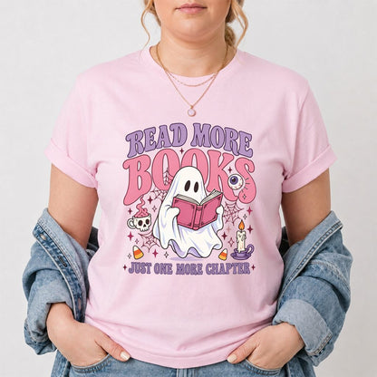 Read More Books Ghost Printed T-Shirt | Halloween Book Lover Gift Light Pink