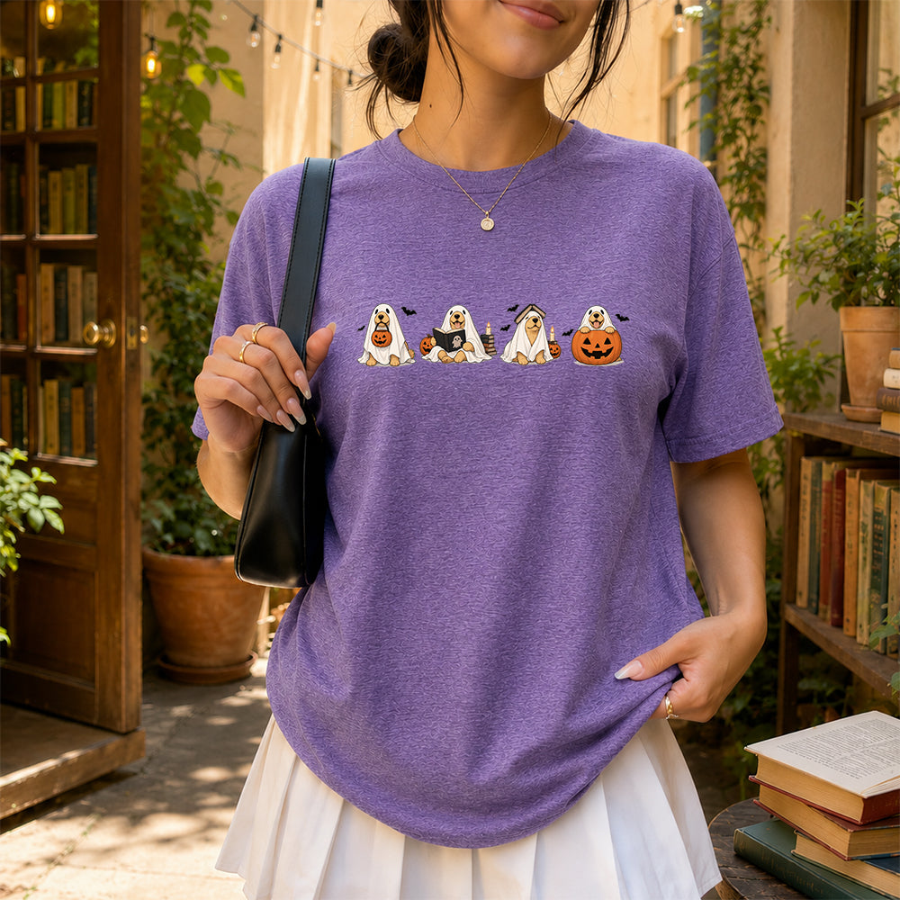 Spooky Golden Retrievers Book Club Printed T-Shirt | Halloween Book Lover Gift Heather Purple