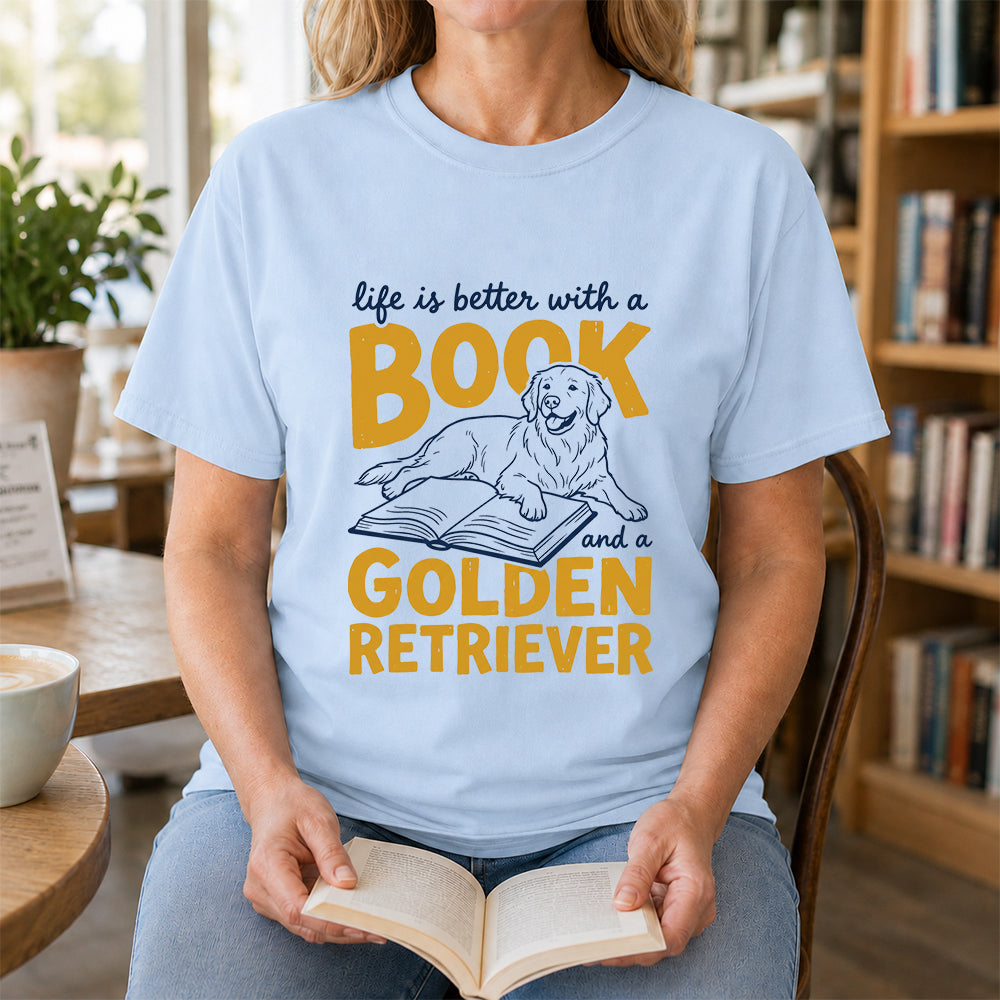 Life Is Better With A Book And A Golden Retriever Softstyle T-Shirt | Book Lover Gift Light Blue