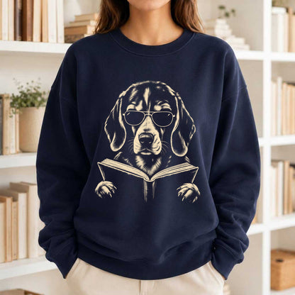 Beagle Reading Book Crewneck Sweatshirt | Reader Gift Navy