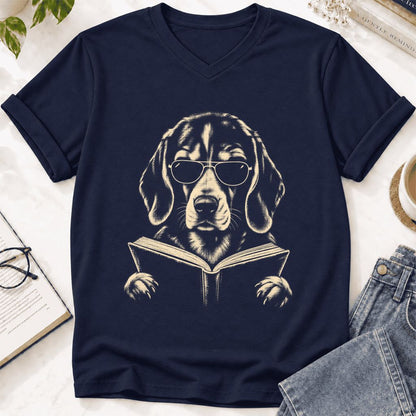 Beagle Reading Book Ultra-Soft V-Neck | Dog Mom Reader Gift Navy