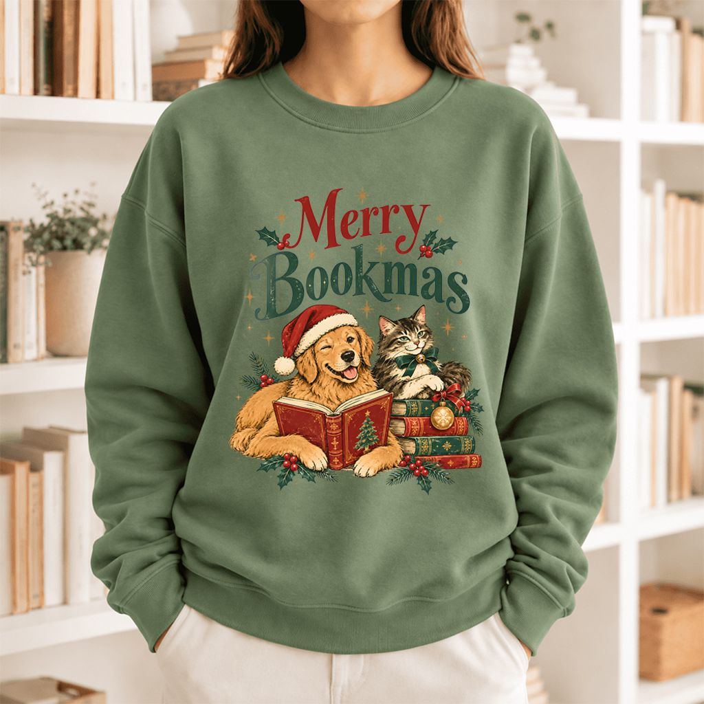 Merry Bookmas Softstyle Sweatshirt | Christmas Book Lover Gift Military Green