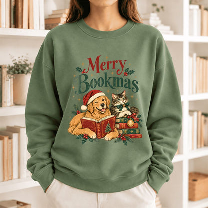 Merry Bookmas Softstyle Sweatshirt | Christmas Book Lover Gift Military Green
