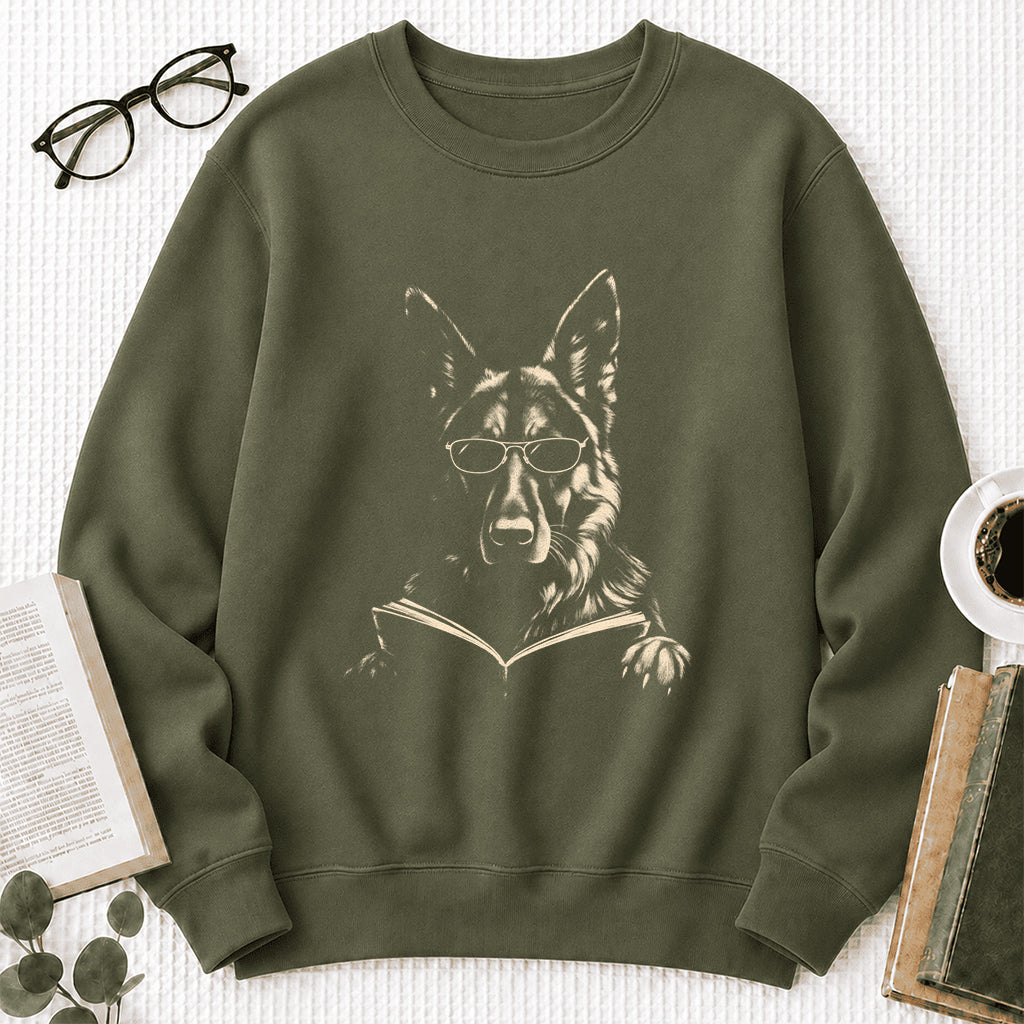 German Shepherd Reading Book Crewneck Sweatshirt | Reader Gift Military Green