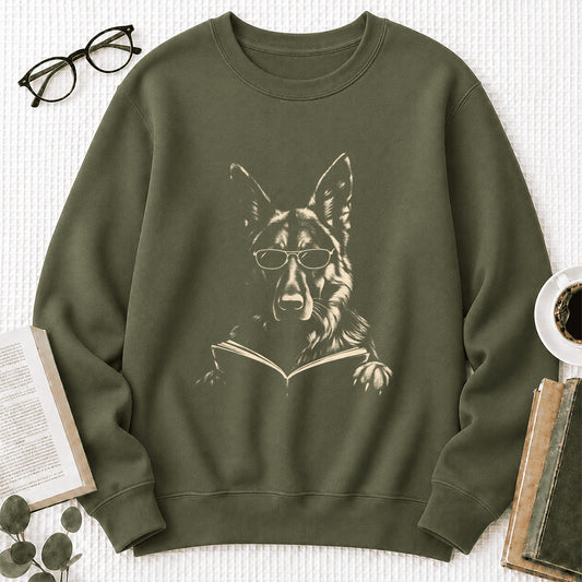 German Shepherd Reading Book Crewneck Sweatshirt | Reader Gift Military Green