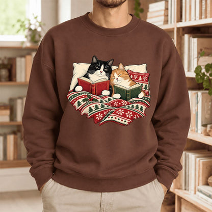 Christmas Reading Cat Couple Softstyle Sweatshirt | Cozy Christmas Gift Cocoa