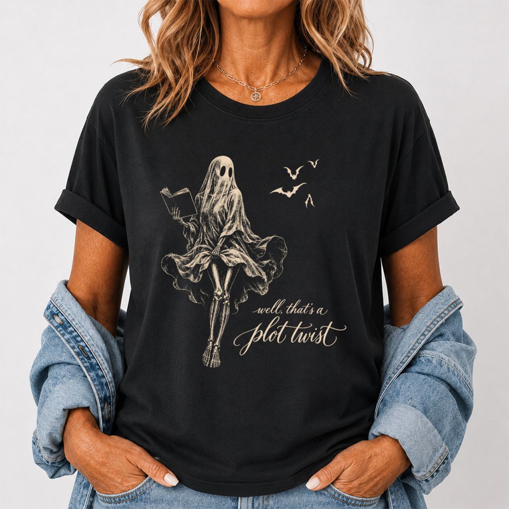 Funny Dress-Wearing Bookworm Ghost Printed T-Shirt | Halloween Book Lover Gift Black