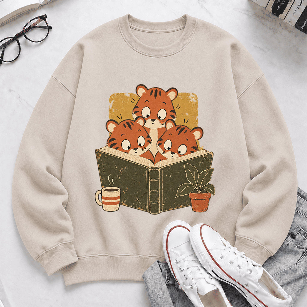 Minimal Japanese Tigers Reading Crewneck Sweatshirt | Reader Gift Sand