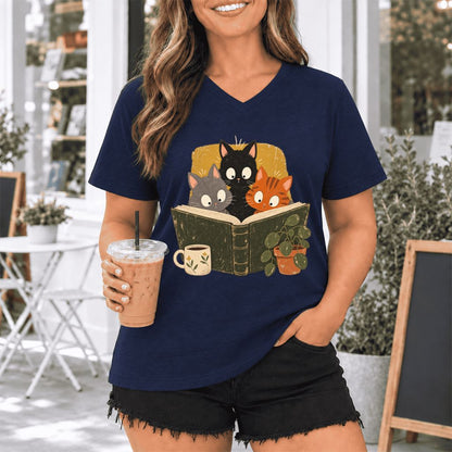 Curious Reading Cats Ultra-Soft V-Neck | Cat Lover Reader Gift Navy