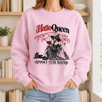 Halloqueen Spooky Year Round Printed Sweatshirt | Spooky Book Lover Gift Light Pink