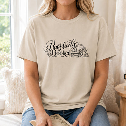 Pawsitively Booked Cotton T-Shirt | Dog Lover & Reader Gift Sand