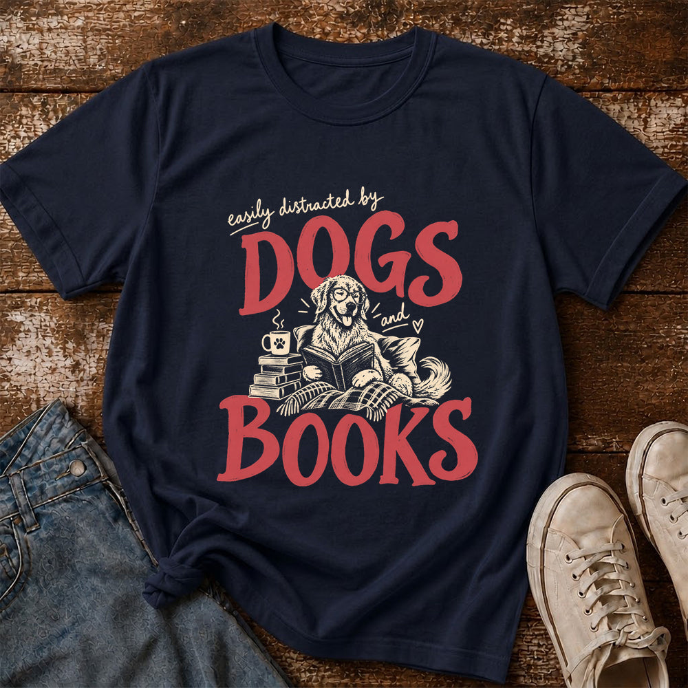 Easily Distracted By Dogs And Books Softstyle T-Shirt | Book Lover Gift Navy