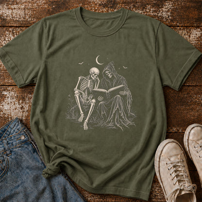Halloween Reading Buddies Printed T-Shirt | Halloween Book Lover Gift Military Green
