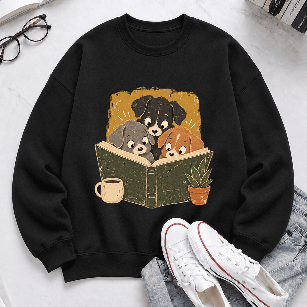 Minimal Japanese Dogs Reading Crewneck Sweatshirt | Reader Gift Black