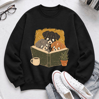 Minimal Japanese Dogs Reading Crewneck Sweatshirt | Reader Gift Black