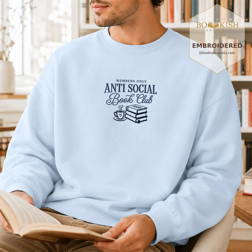 Anti-Social Book Club Embroidered Sweatshirt | Reader Gift Light Blue