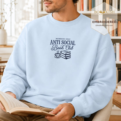 Anti-Social Book Club Embroidered Sweatshirt | Reader Gift Light Blue