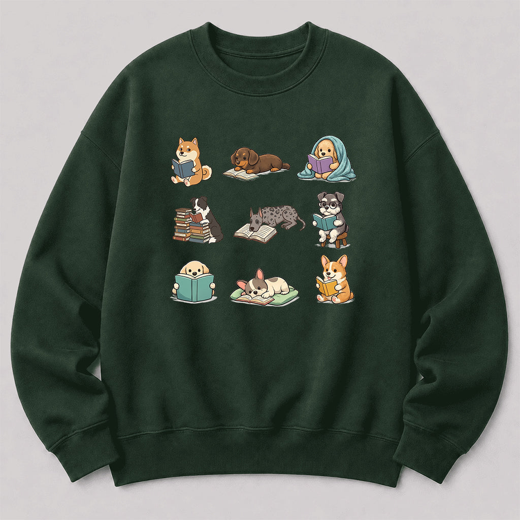 Funny Dogs Reading Crewneck Sweatshirt | Reader Gift Forest Green