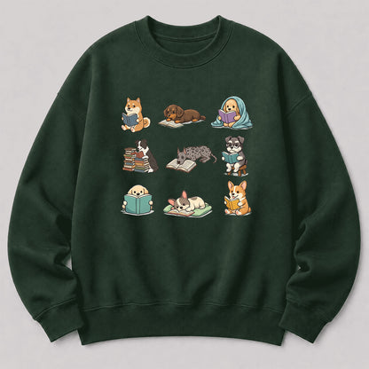 Funny Dogs Reading Crewneck Sweatshirt | Reader Gift Forest Green