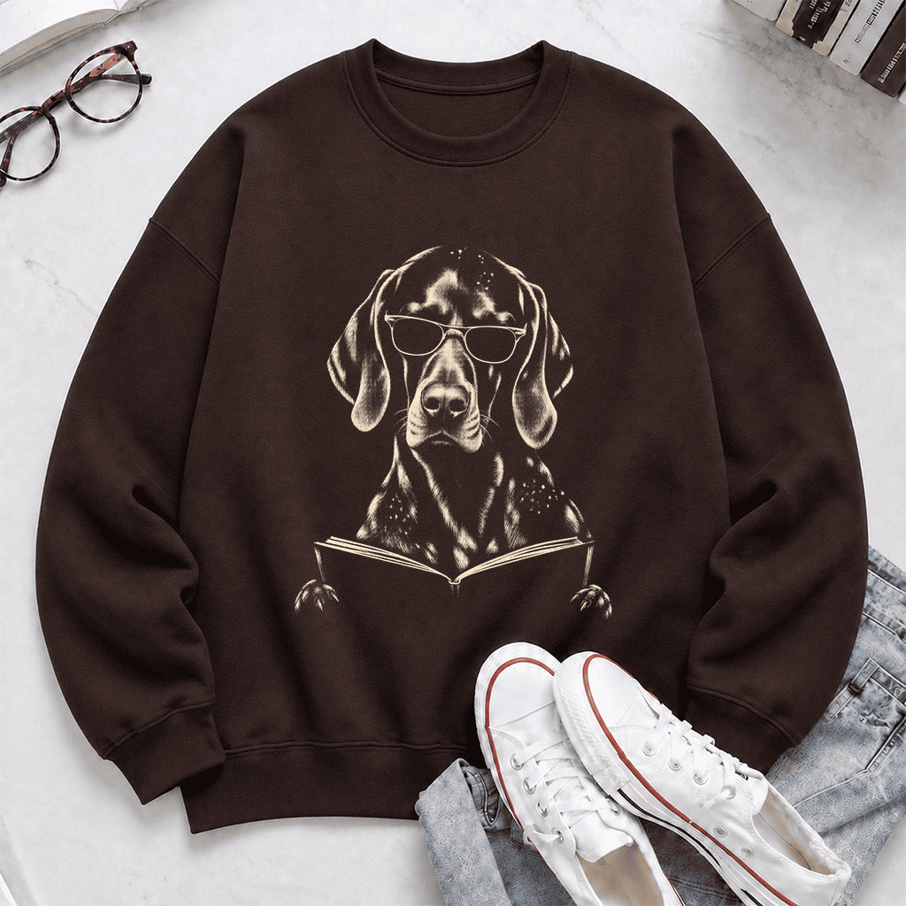 German Shorthaired Pointer Reading Book Crewneck Sweatshirt | Reader Gift Dark Chocolate