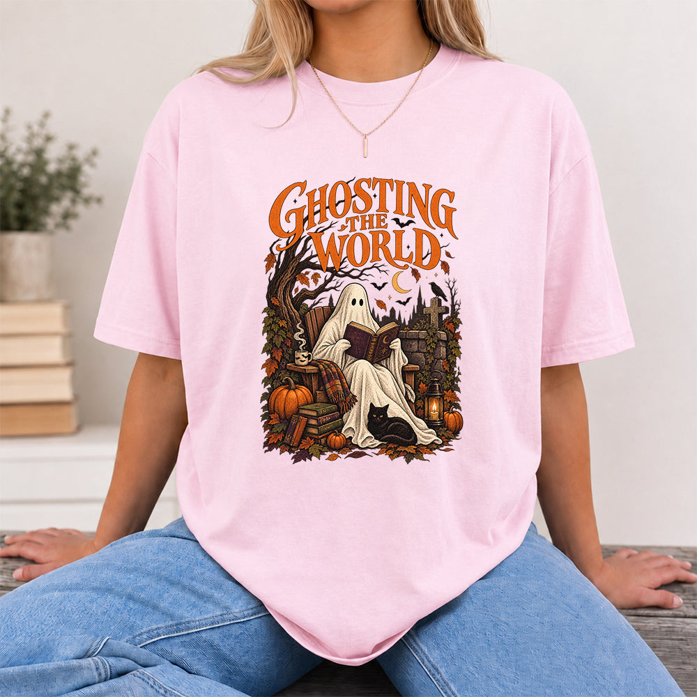 Ghosting The World Cotton T-Shirt | Halloween Book Lover Gift Light Pink
